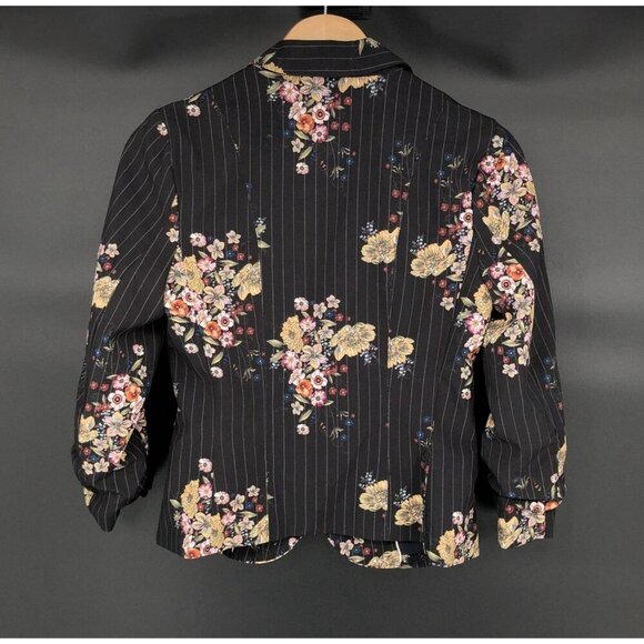 Xoxo Womens Floral Pinstripe Blazer Size M Black Ruched 3/4 Sleeves Y2k Office - Picture 2 of 9